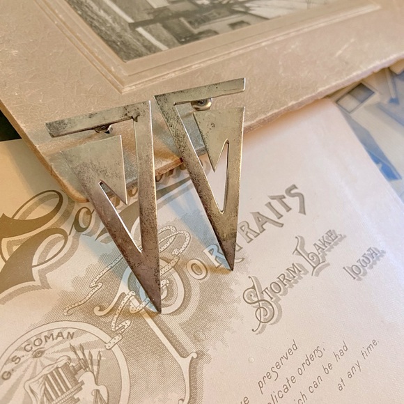 Large Vintage Sterling Silver Taxco Geometric Triangle Pierced Earrings TS-45 - Picture 5 of 11